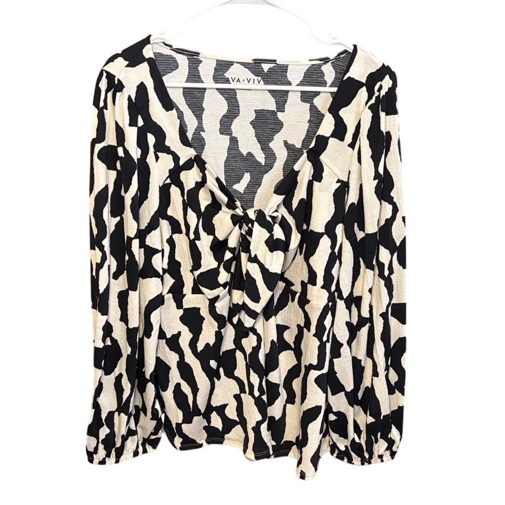 NWT Ava & Viv 1X Black Abstract Tie Front Blouse Long Sleeve Top